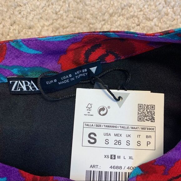 Zara round neck floral rose crop top short sleeve Sz S purple red blue NWT - Picture 6 of 10
